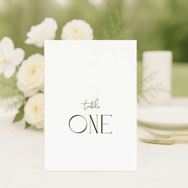 Ellie wedding table number in rectangle shape featuring romantic, modern fonts and soft colour palette, styled for an elegant reception table.