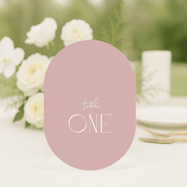 Ellie wedding table number in double arch shape featuring romantic, modern fonts and soft colour palette, styled for an elegant reception table.