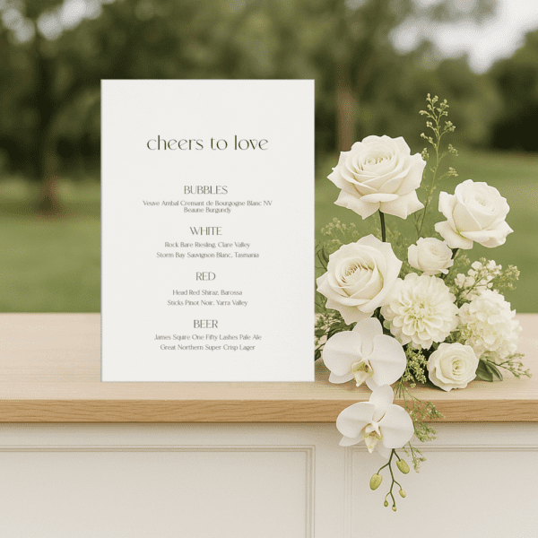 Semi-custom wedding bar menu sign featuring a romantic design with modern fonts, displayed as part of a cohesive wedding stationery suite.