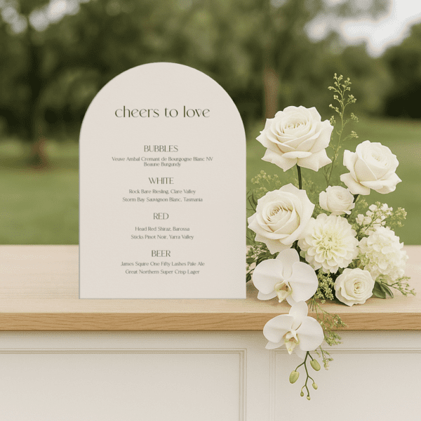 Semi-custom wedding bar menu sign featuring a romantic design with modern fonts, displayed as part of a cohesive wedding stationery suite.