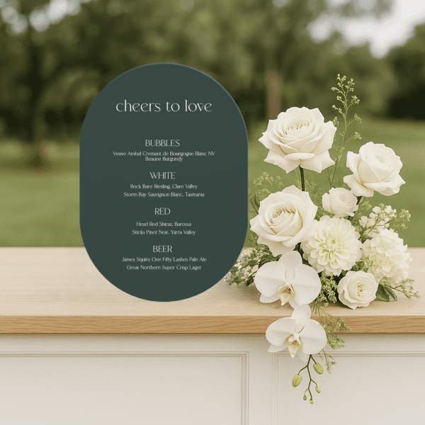 Semi-custom wedding bar menu sign featuring a romantic design with modern fonts, displayed as part of a cohesive wedding stationery suite.