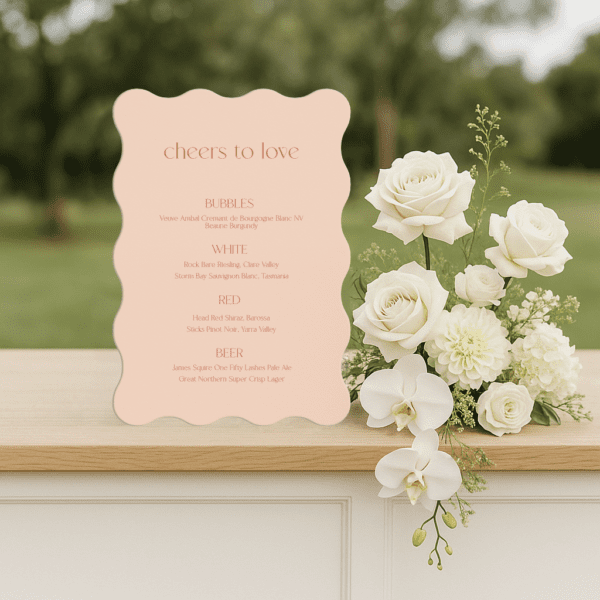 Semi-custom wedding bar menu sign featuring a romantic design with modern fonts, displayed as part of a cohesive wedding stationery suite.