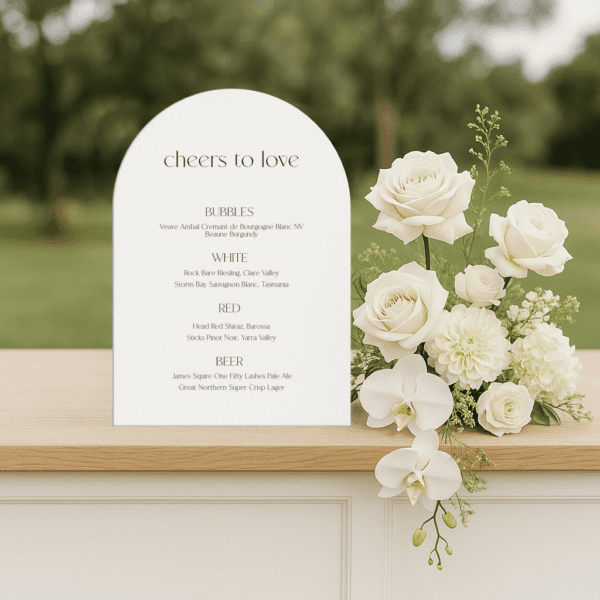 Semi-custom wedding bar menu sign featuring a romantic design with modern fonts, displayed as part of a cohesive wedding stationery suite.
