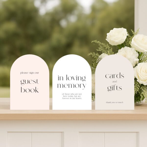 Evermore wedding small signs set including guest book, wishing well, and in loving memory sign in classic semi-custom design.