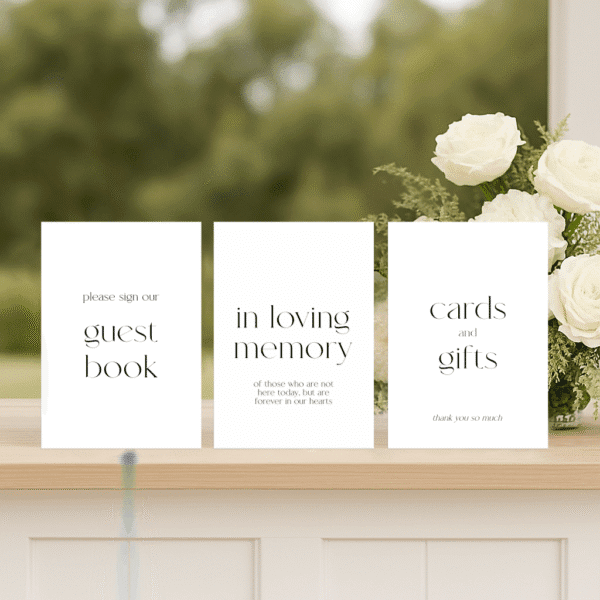 Evermore wedding small signs set including guest book, wishing well, and in loving memory sign in classic semi-custom design.
