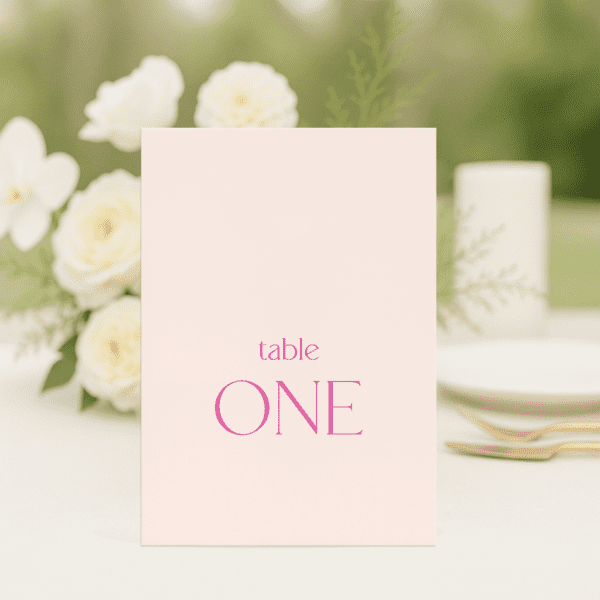 Evermore wedding table number in rectangle shape featuring romantic, modern fonts and soft colour palette, styled for an elegant reception table.