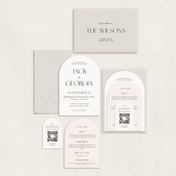 Semi-custom 3-card wedding invitation suite with coloured cardstock and die-cut shapes, designed and printed in Australia.