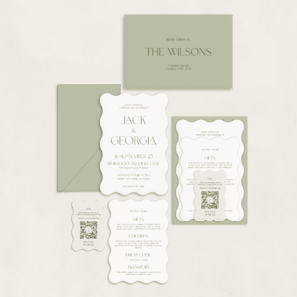 Semi-custom 3-card wedding invitation suite with coloured cardstock and die-cut shapes, designed and printed in Australia.