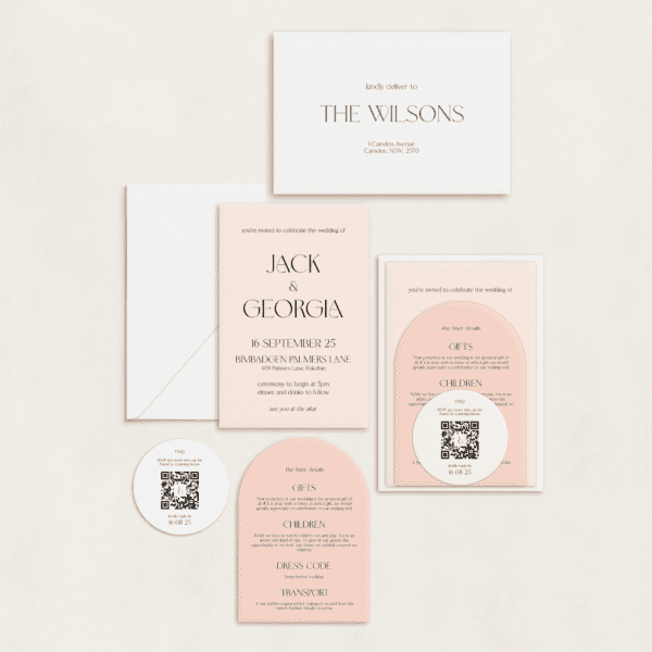 Semi-custom 3-card wedding invitation suite with coloured cardstock and die-cut shapes, designed and printed in Australia.