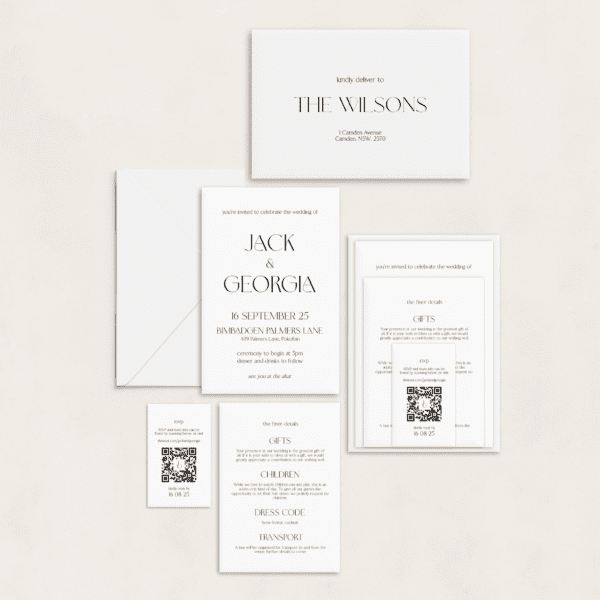 Semi-custom 3-card wedding invitation suite with coloured cardstock and die-cut shapes, designed and printed in Australia.