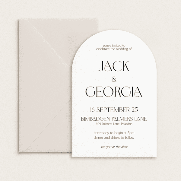 Semi-custom 3-card wedding invitation suite with coloured cardstock and die-cut shapes, designed and printed in Australia.