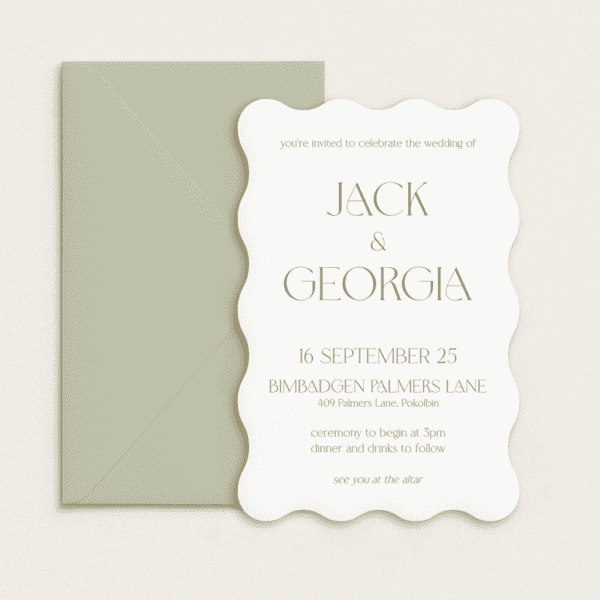 Semi-custom 3-card wedding invitation suite with coloured cardstock and die-cut shapes, designed and printed in Australia.