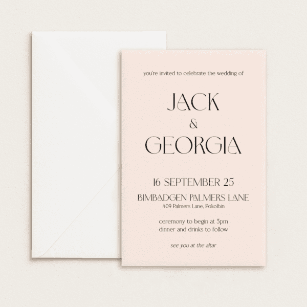 Semi-custom 3-card wedding invitation suite with coloured cardstock and die-cut shapes, designed and printed in Australia.