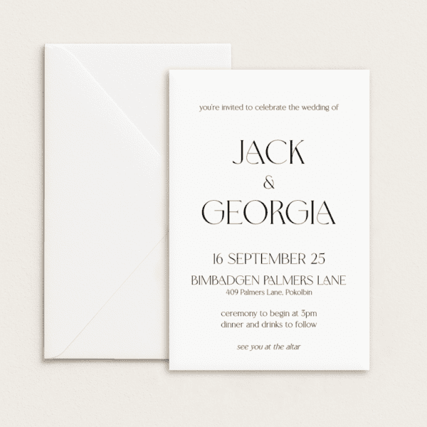 Semi-custom 3-card wedding invitation suite with coloured cardstock and die-cut shapes, designed and printed in Australia.