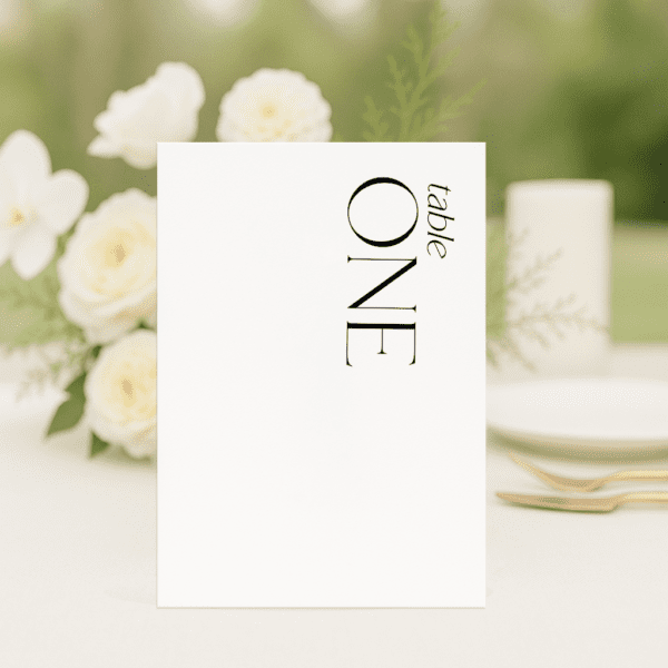 Sam wedding table number in rectangle shape featuring romantic, modern fonts and soft colour palette, styled for an elegant reception table.