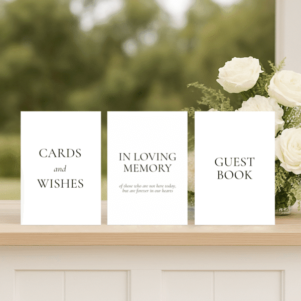 Darling wedding small signs set including guest book, wishing well, and in loving memory sign in classy semi-custom design.