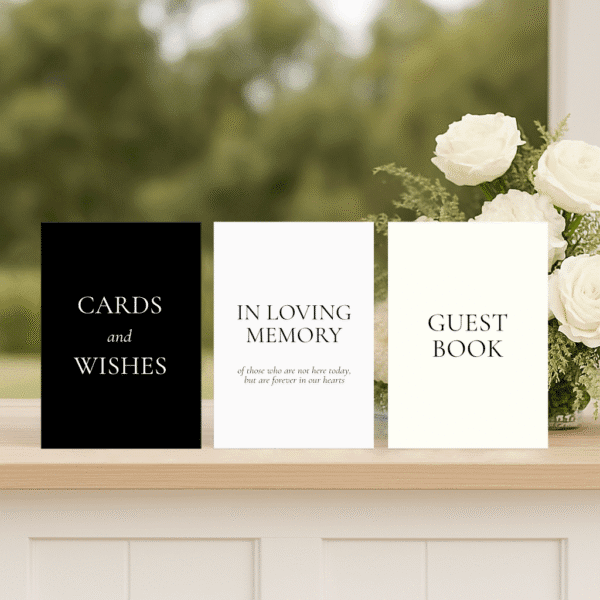 Darling wedding small signs set including guest book, wishing well, and in loving memory sign in classy semi-custom design.