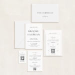 Semi-custom 3-card wedding invitation suite with coloured cardstock and die-cut shapes, designed and printed in Australia.