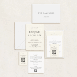 Semi-custom 3-card wedding invitation suite with coloured cardstock and die-cut shapes, designed and printed in Australia.