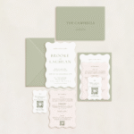 Semi-custom 3-card wedding invitation suite with coloured cardstock and die-cut shapes, designed and printed in Australia.