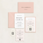 Semi-custom 3-card wedding invitation suite with coloured cardstock and die-cut shapes, designed and printed in Australia.