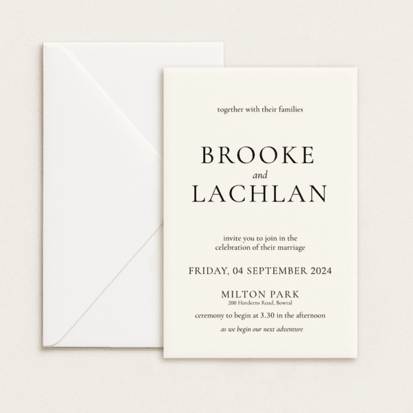 Semi-custom 3-card wedding invitation suite with coloured cardstock and die-cut shapes, designed and printed in Australia.
