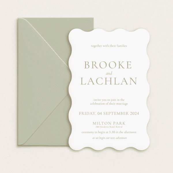 Semi-custom 3-card wedding invitation suite with coloured cardstock and die-cut shapes, designed and printed in Australia.