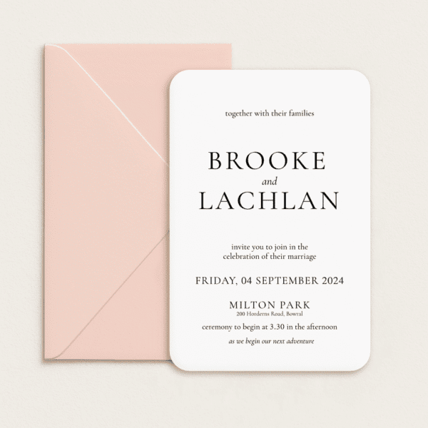 Semi-custom 3-card wedding invitation suite with coloured cardstock and die-cut shapes, designed and printed in Australia.