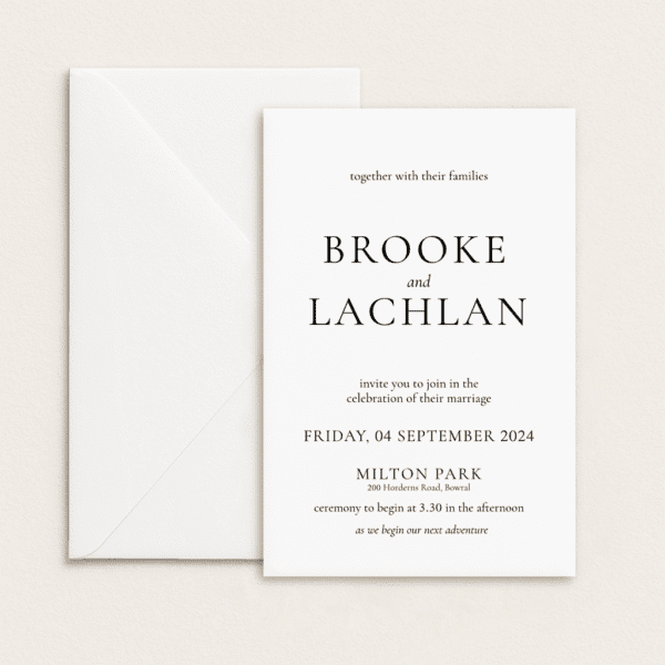 Semi-custom 3-card wedding invitation suite with coloured cardstock and die-cut shapes, designed and printed in Australia.