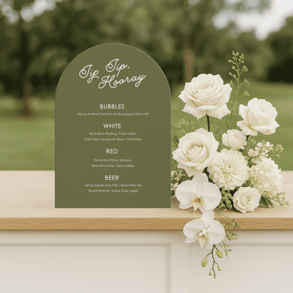 Semi-custom wedding bar menu sign featuring a romantic design with modern fonts, displayed as part of a cohesive wedding stationery suite.