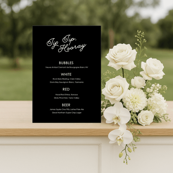 Semi-custom wedding bar menu sign featuring a romantic design with modern fonts, displayed as part of a cohesive wedding stationery suite.