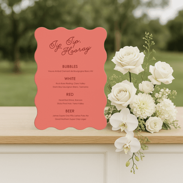 Semi-custom wedding bar menu sign featuring a romantic design with modern fonts, displayed as part of a cohesive wedding stationery suite.