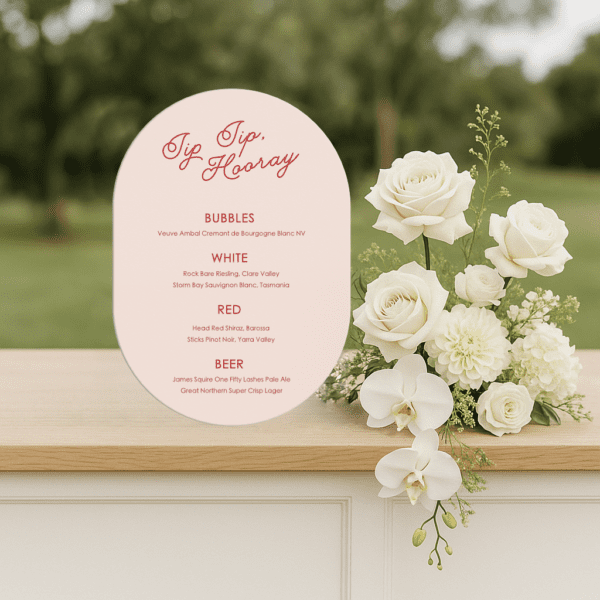 Semi-custom wedding bar menu sign featuring a romantic design with modern fonts, displayed as part of a cohesive wedding stationery suite.