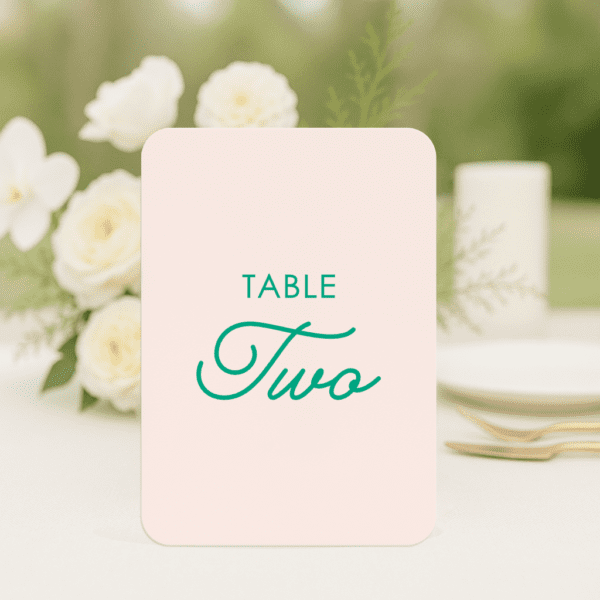 Love Bug wedding table number in rounded corners shape featuring romantic, modern fonts and soft colour palette, styled for an elegant reception table.