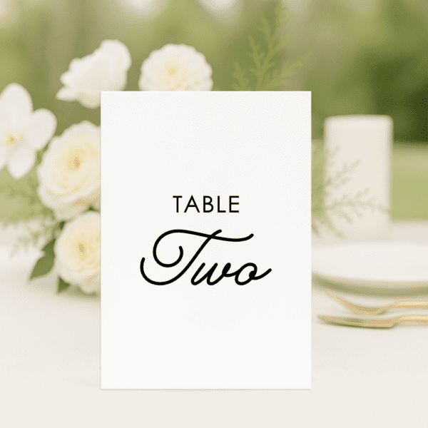 Love Bug wedding table number in rectangle shape featuring romantic, modern fonts and soft colour palette, styled for an elegant reception table.