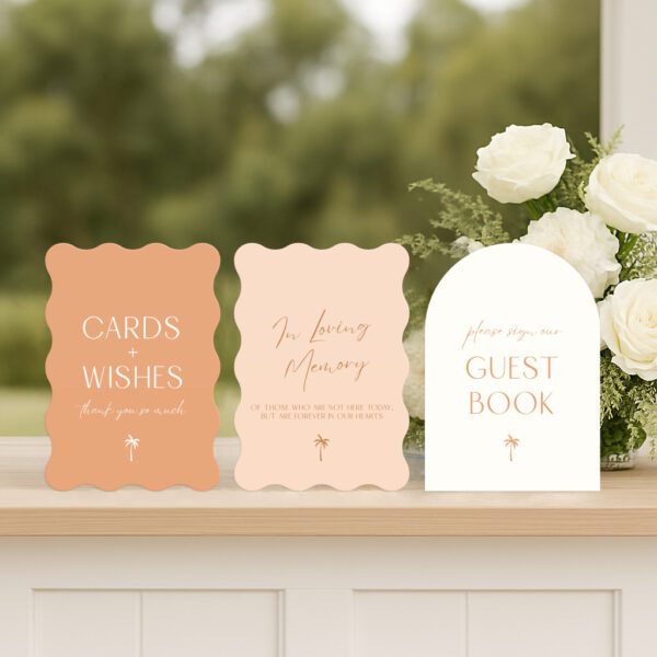 Cove wedding small signs set including guest book, wishing well, and in loving memory sign in coastal semi-custom design.