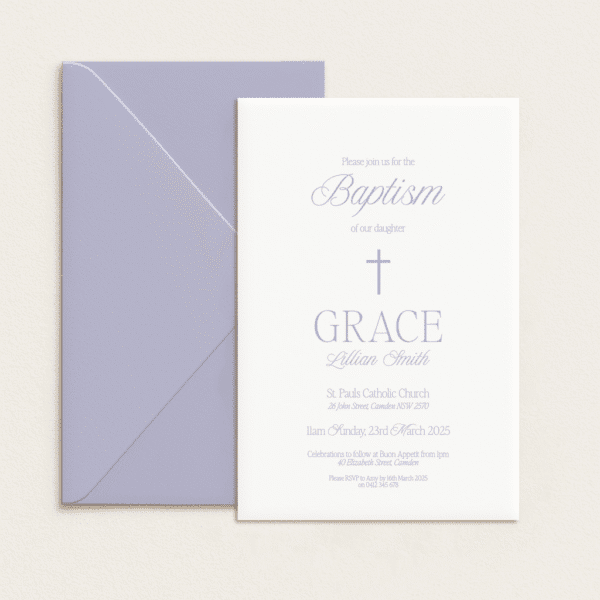 Semi-custom christening invitation with coloured cardstock and die-cut shapes, designed and printed in Australia.