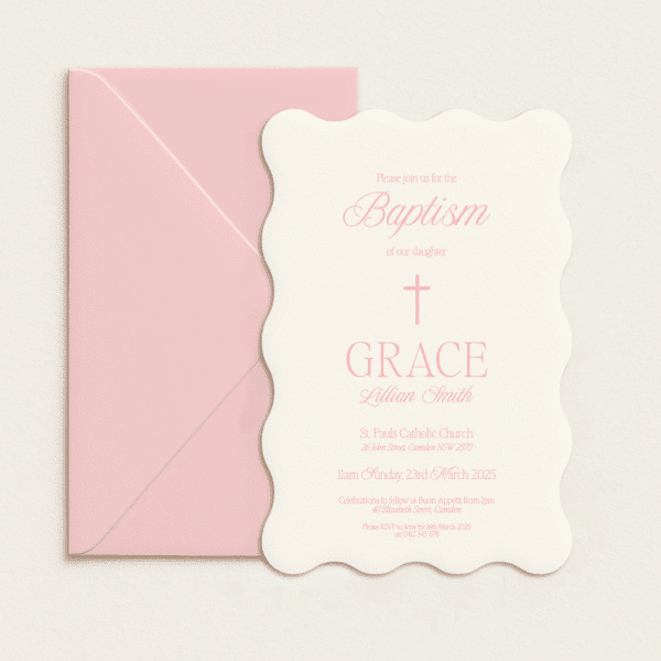 Semi-custom christening invitation with coloured cardstock and die-cut shapes, designed and printed in Australia.