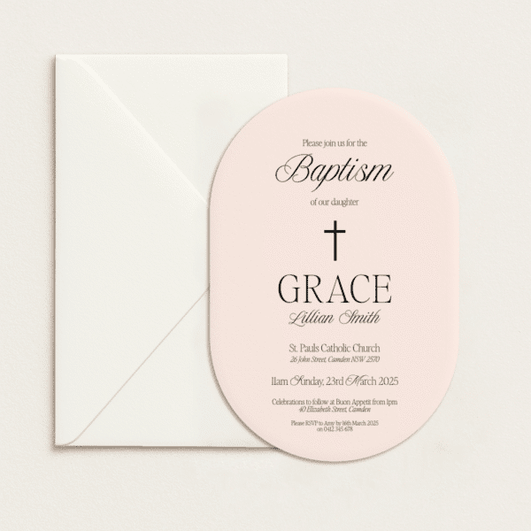 Semi-custom christening invitation with coloured cardstock and die-cut shapes, designed and printed in Australia.