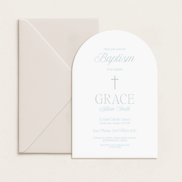 Semi-custom christening invitation with coloured cardstock and die-cut shapes, designed and printed in Australia.
