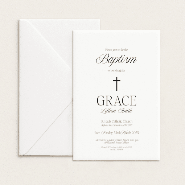 Semi-custom christening invitation with coloured cardstock and die-cut shapes, designed and printed in Australia.