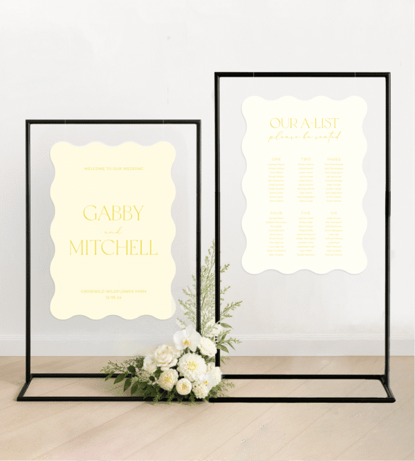 Wedding welcome sign and seating chart bundle with matching design, colour and layout – custom wedding signage for a cohesive ceremony and reception setup.