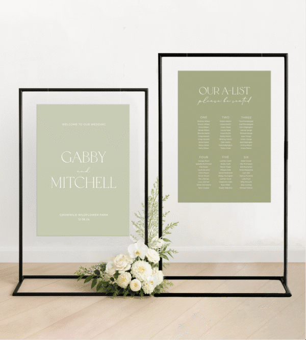 Wedding welcome sign and seating chart bundle with matching design, colour and layout – custom wedding signage for a cohesive ceremony and reception setup.