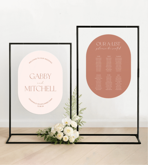 Wedding welcome sign and seating chart bundle with matching design, colour and layout – custom wedding signage for a cohesive ceremony and reception setup.