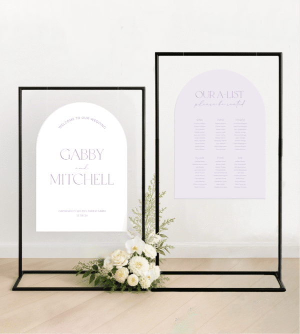 Wedding welcome sign and seating chart bundle with matching design, colour and layout – custom wedding signage for a cohesive ceremony and reception setup.