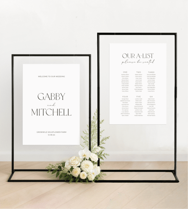 Wedding welcome sign and seating chart bundle with matching design, colour and layout – custom wedding signage for a cohesive ceremony and reception setup.