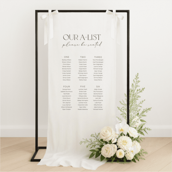 Linen wedding seating chart hanging on a black metal frame with white ribbon, featuring black text for with heading 'our a-list', styled with white roses and greenery at the base – semi-custom signage by Gracie Creative, Australia.