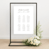 Customisable wedding seating chart with modern design, printed on premium signage board – perfect for stylish reception setups and guest navigation.