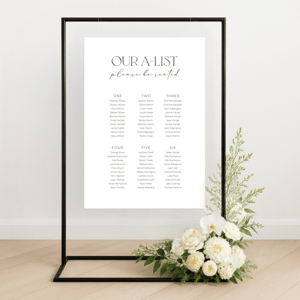 Customisable wedding seating chart with modern design, printed on premium signage board – perfect for stylish reception setups and guest navigation.