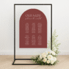 Customisable wedding seating chart with modern design, printed on premium signage board – perfect for stylish reception setups and guest navigation.